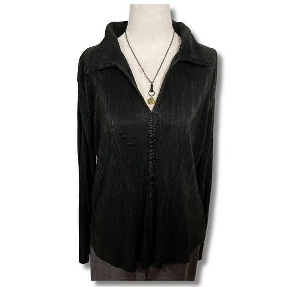 CYRUS Black ribbed button-front shirt corporate goth blouse MEDIUM LARGE XL top - Picture 1 of 14